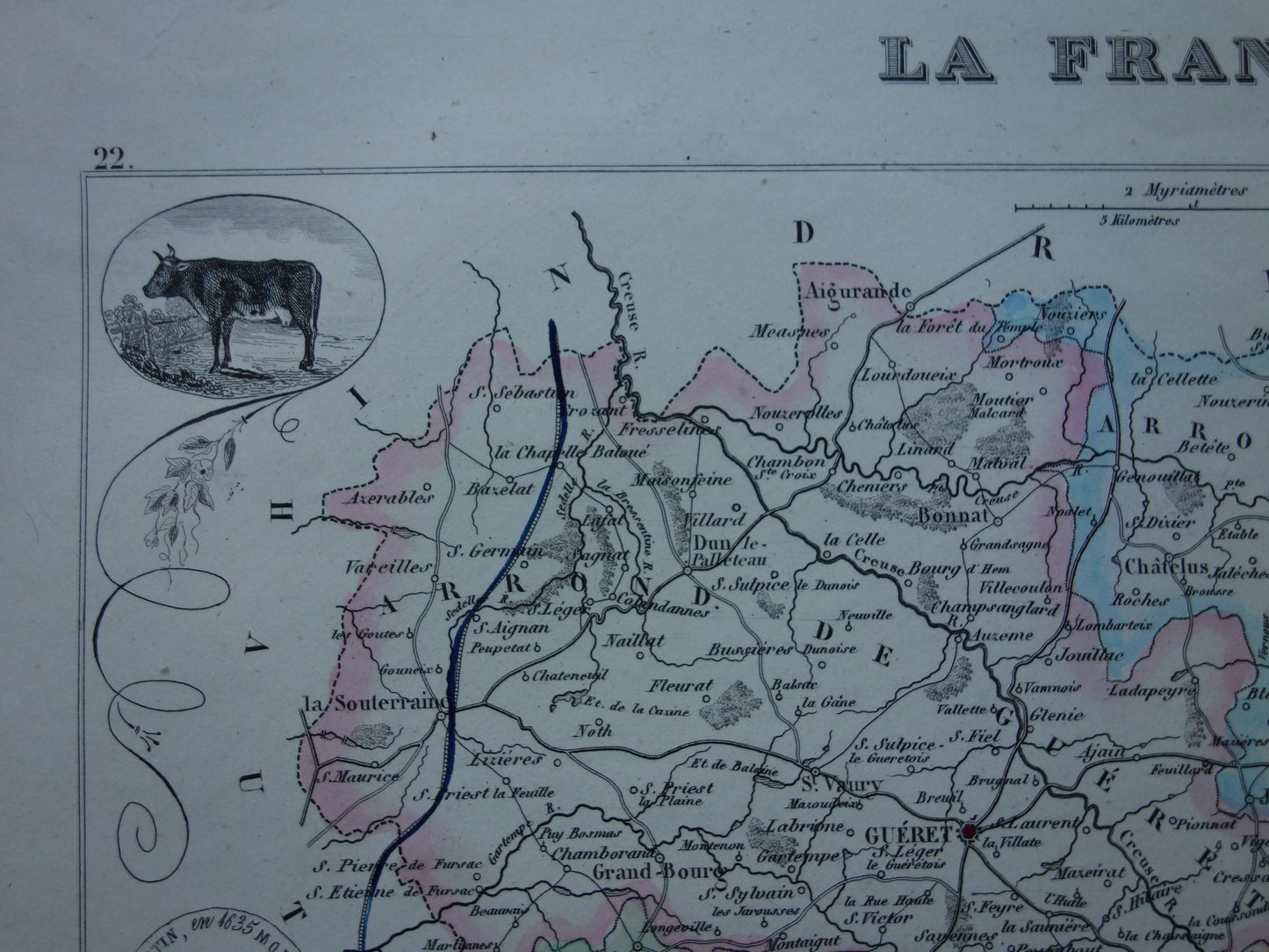 CREUSE Kaart van Creuse departement in Frankrijk uit 1856 originele antieke oude handgekleurde landkaart Guéret