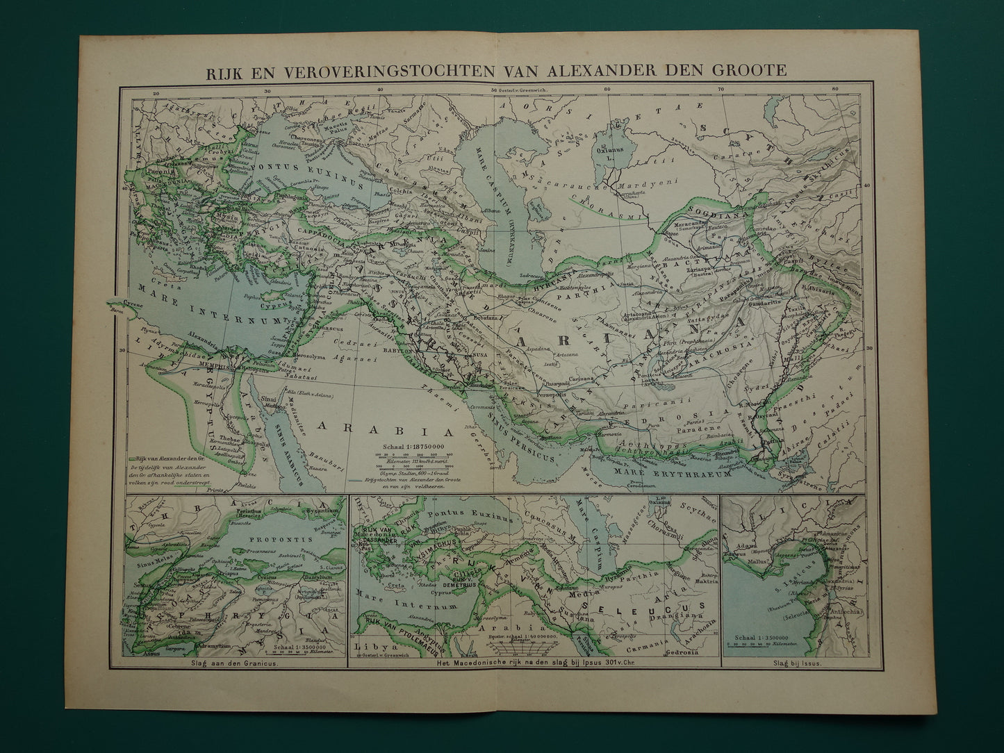 Kaart van het rijk van Alexander de Grote uit 1932 - Oude Nederlandse kaart Macedonische Alexandrijnse rijk vintage landkaart