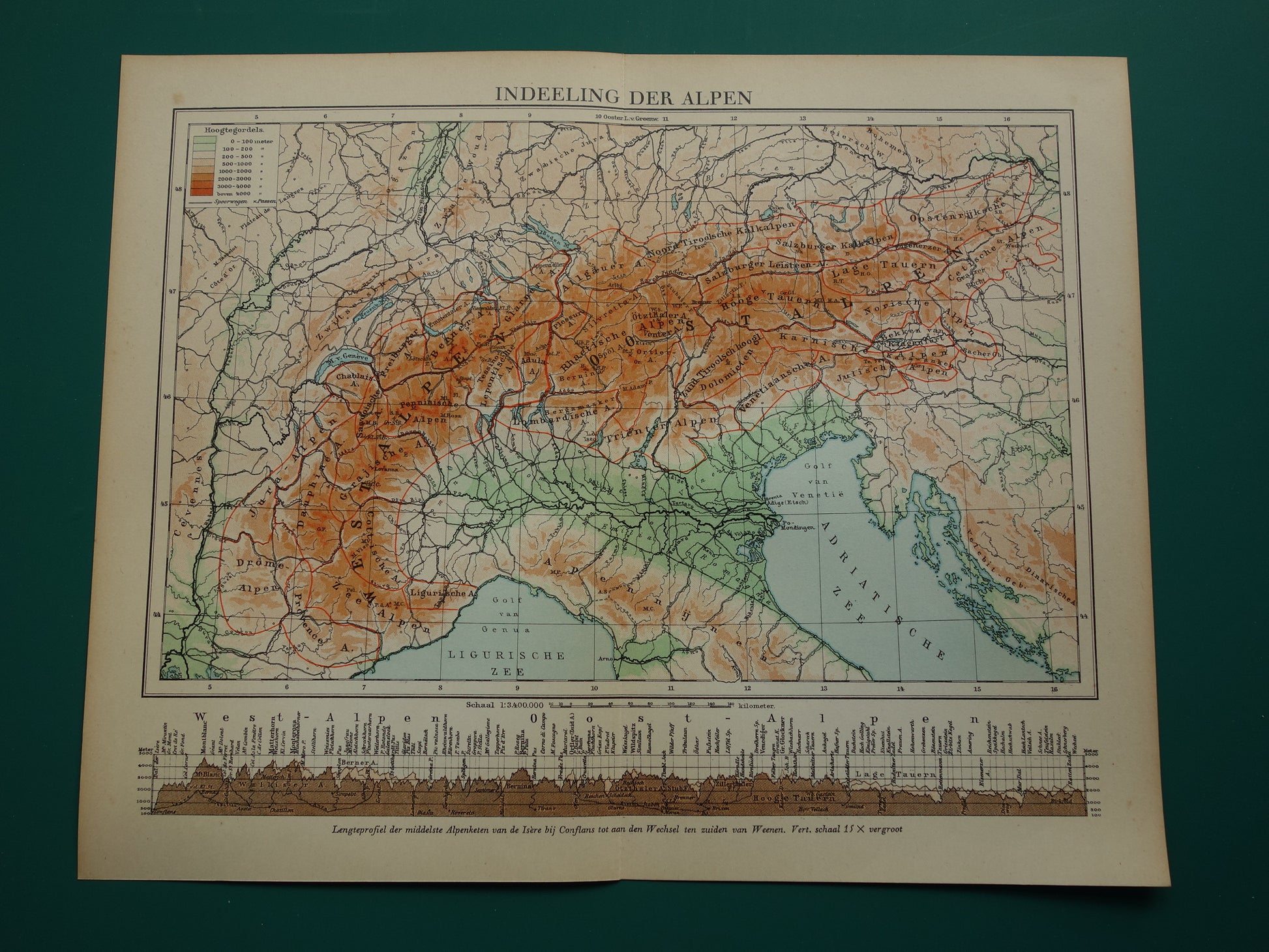 Oude kaart van de Alpen uit 1932 - originele vintage hoogtekaart de Alpen landkaart