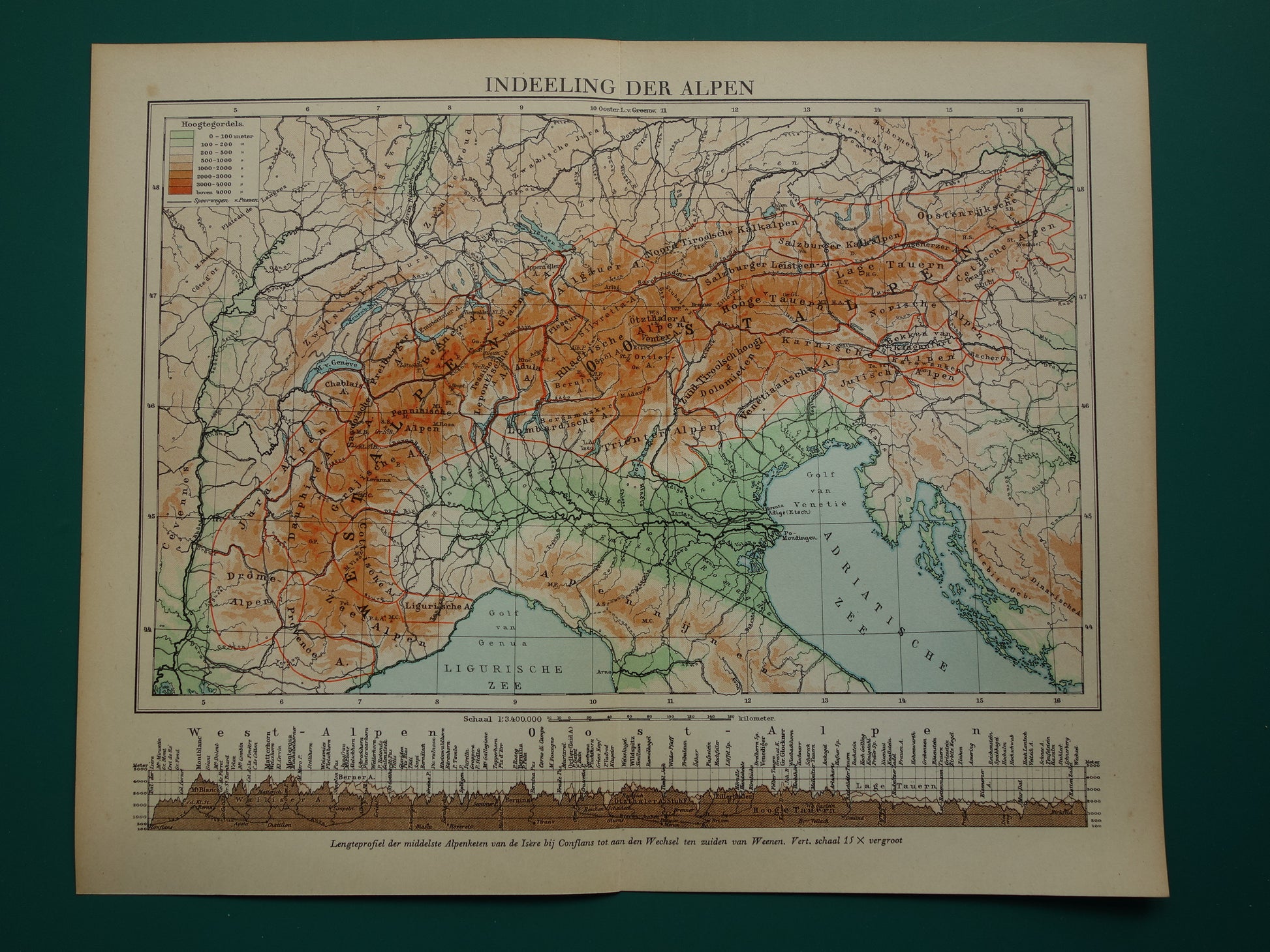 mooie oude kaart van de Alpen te koop