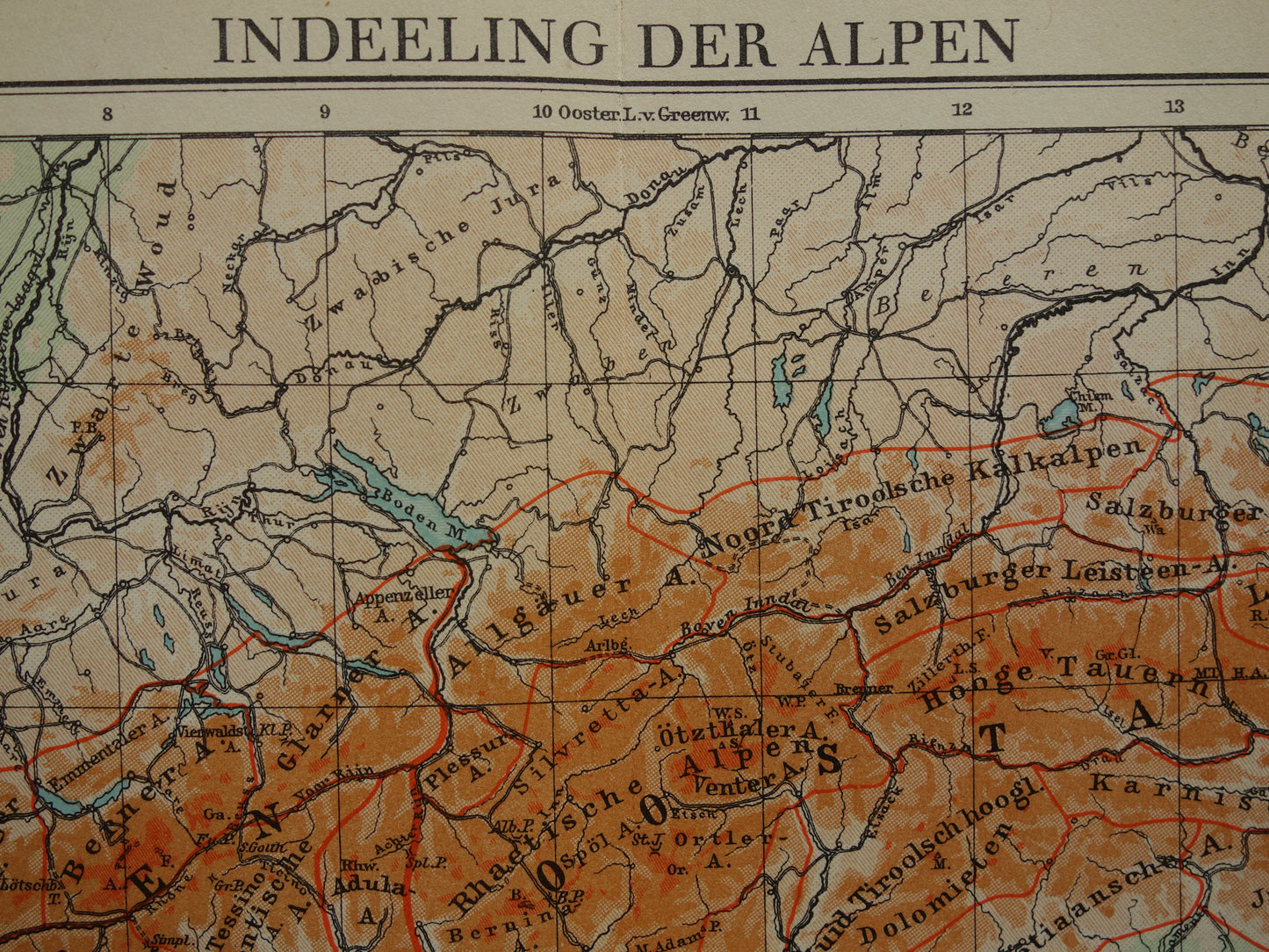 Oude kaart van de Alpen uit 1932 - originele vintage hoogtekaart van de Alpen landkaart