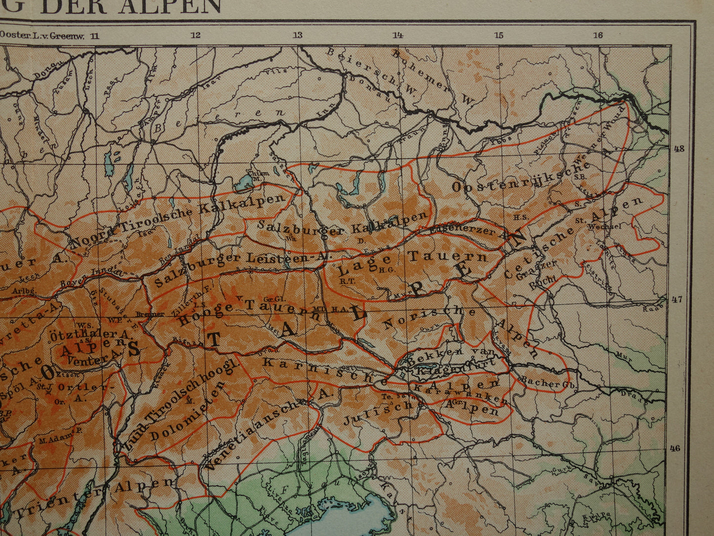 Oude kaart van de Alpen uit 1932 - originele vintage hoogtekaart van de Alpen landkaart