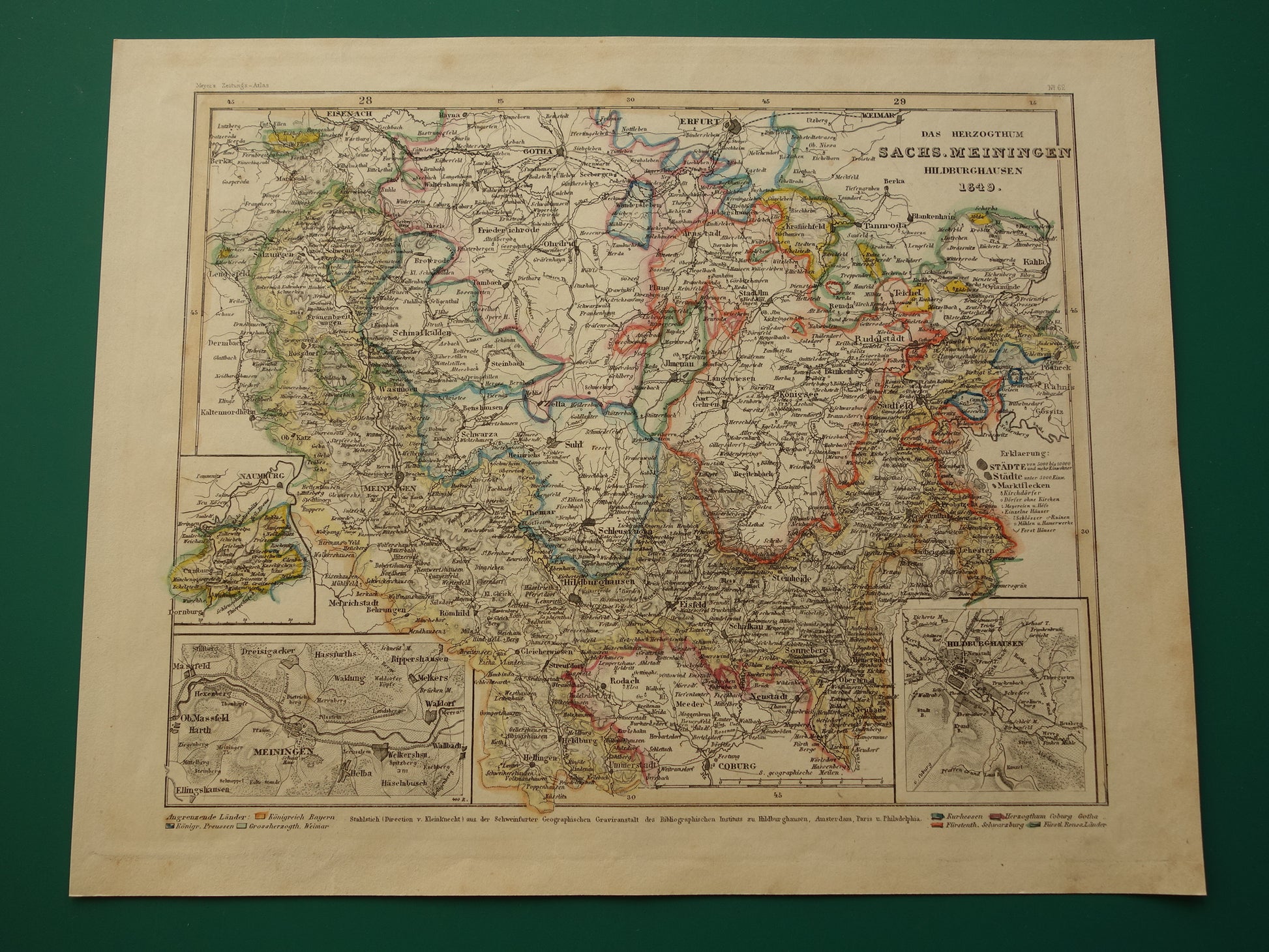 Oude kaart van hertogdom Sachsen Meiningen Duitsland uit 1849 Gedetailleerde antieke landkaart Thüringen met jaartal