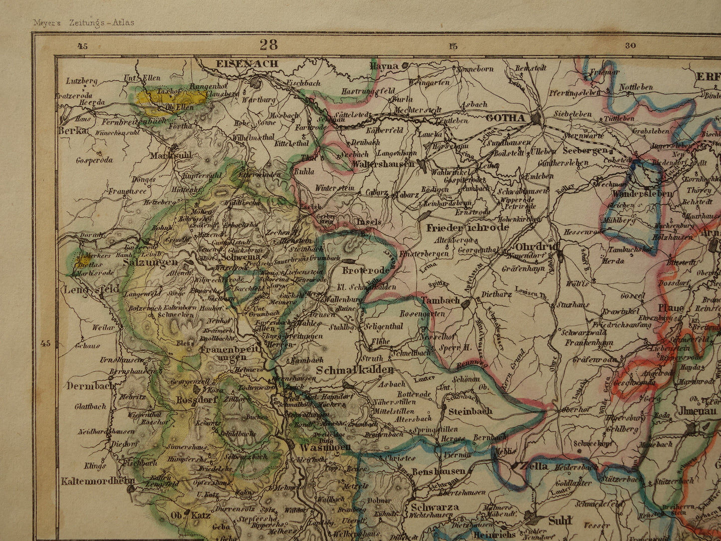 Oude kaart van hertogdom Sachsen Meiningen Duitsland uit 1849 Gedetailleerde antieke landkaart Thüringen met jaartal