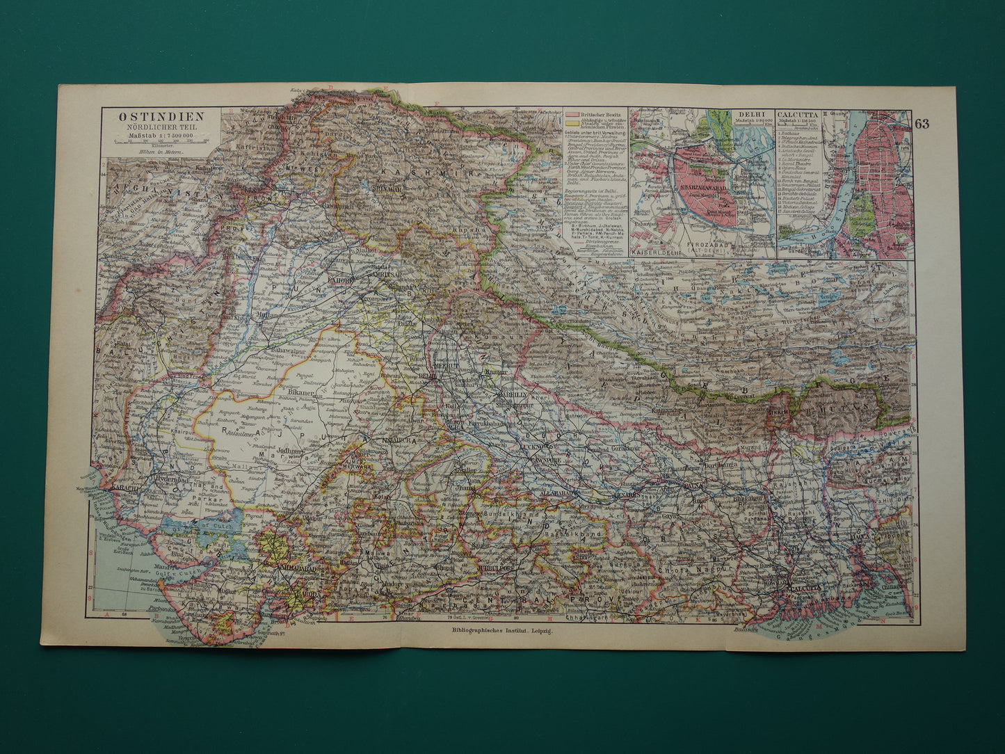 INDIA oude landkaart van noord-India Delhi Calcutta Kolkata Nepal Kashmir 1928 originele vintage kaart