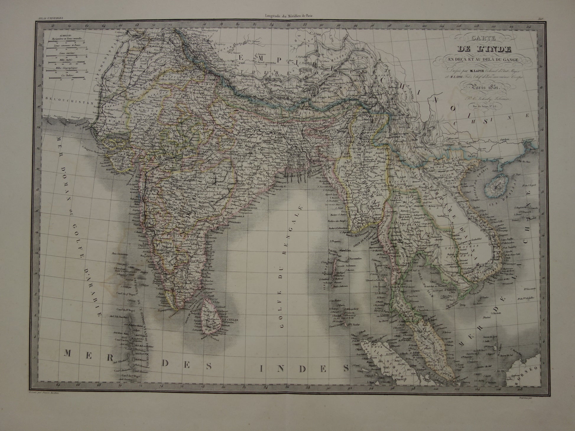 INDIA antieke kaart van India en Zuidoost Azië 1851 originele grote oude landkaart Sri Lanka Thailand Burma Nepal Vietnam vintage kaarten