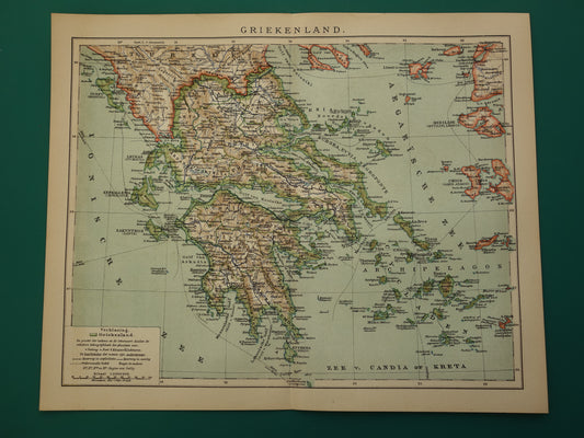 Oude landkaart van GRIEKENLAND uit 1908 Originele antieke Nederlandse landkaart