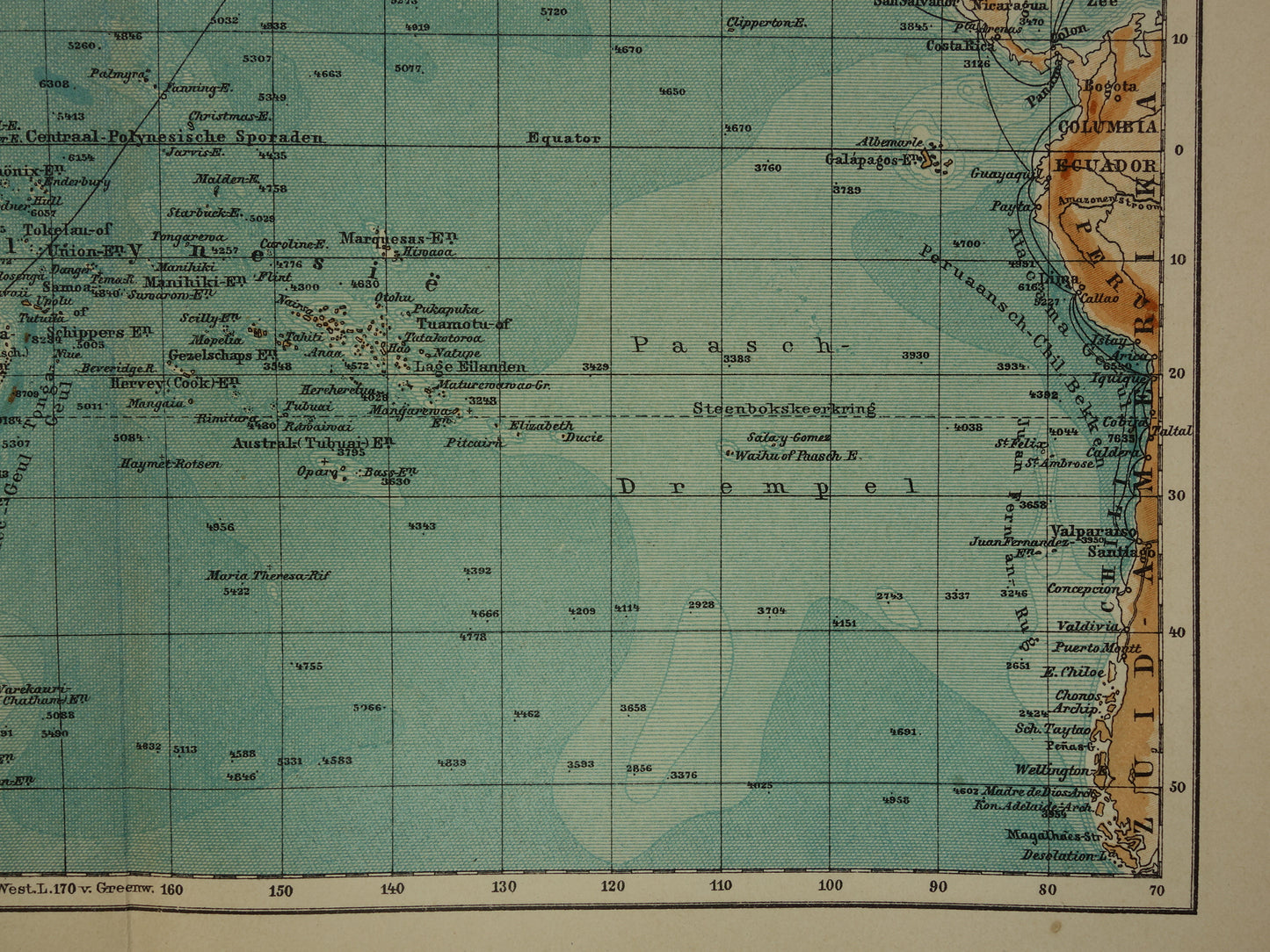 Oude kaart van de Grote Oceaan Originele 115+ jaar oude antieke Nederlandse landkaart Pacific