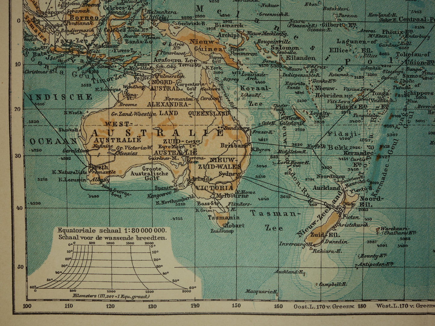 Oude kaart van de Grote Oceaan Originele 115+ jaar oude antieke Nederlandse landkaart Pacific