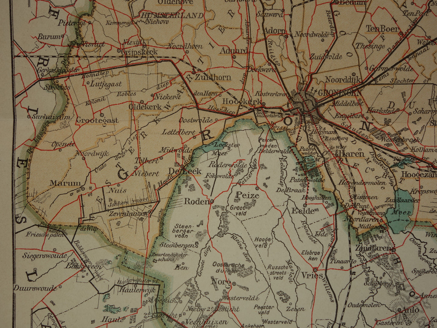 GRONINGEN oude kaart van provincie Groningen 1908 originele antieke Nederlandse landkaart Hoogezand Veendam