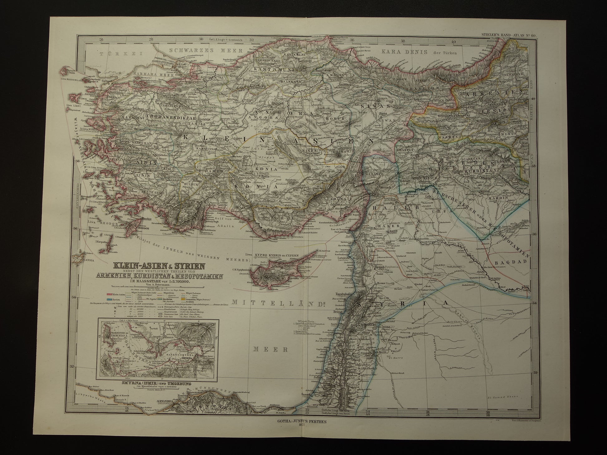 Oude landkaart van Turkije Cyprus Syrië Palestina Libanon 1877 originele antieke Duitse kaart