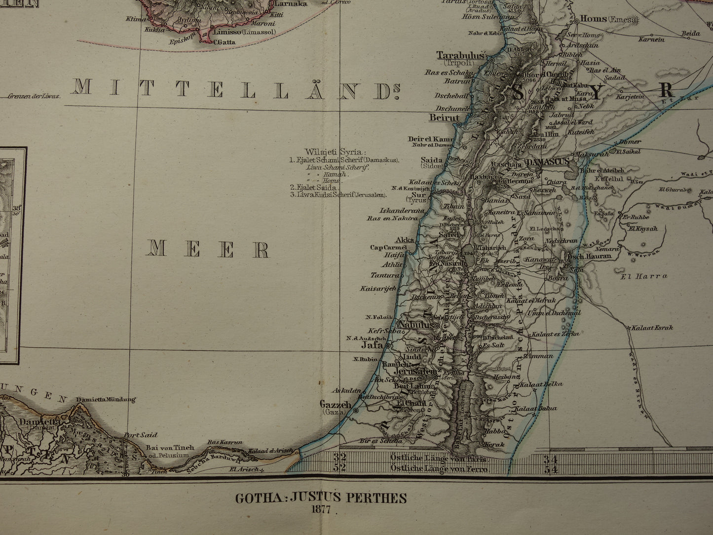 Oude landkaart van Turkije Cyprus Syrië Palestina Libanon 1877 originele antieke Duitse kaart