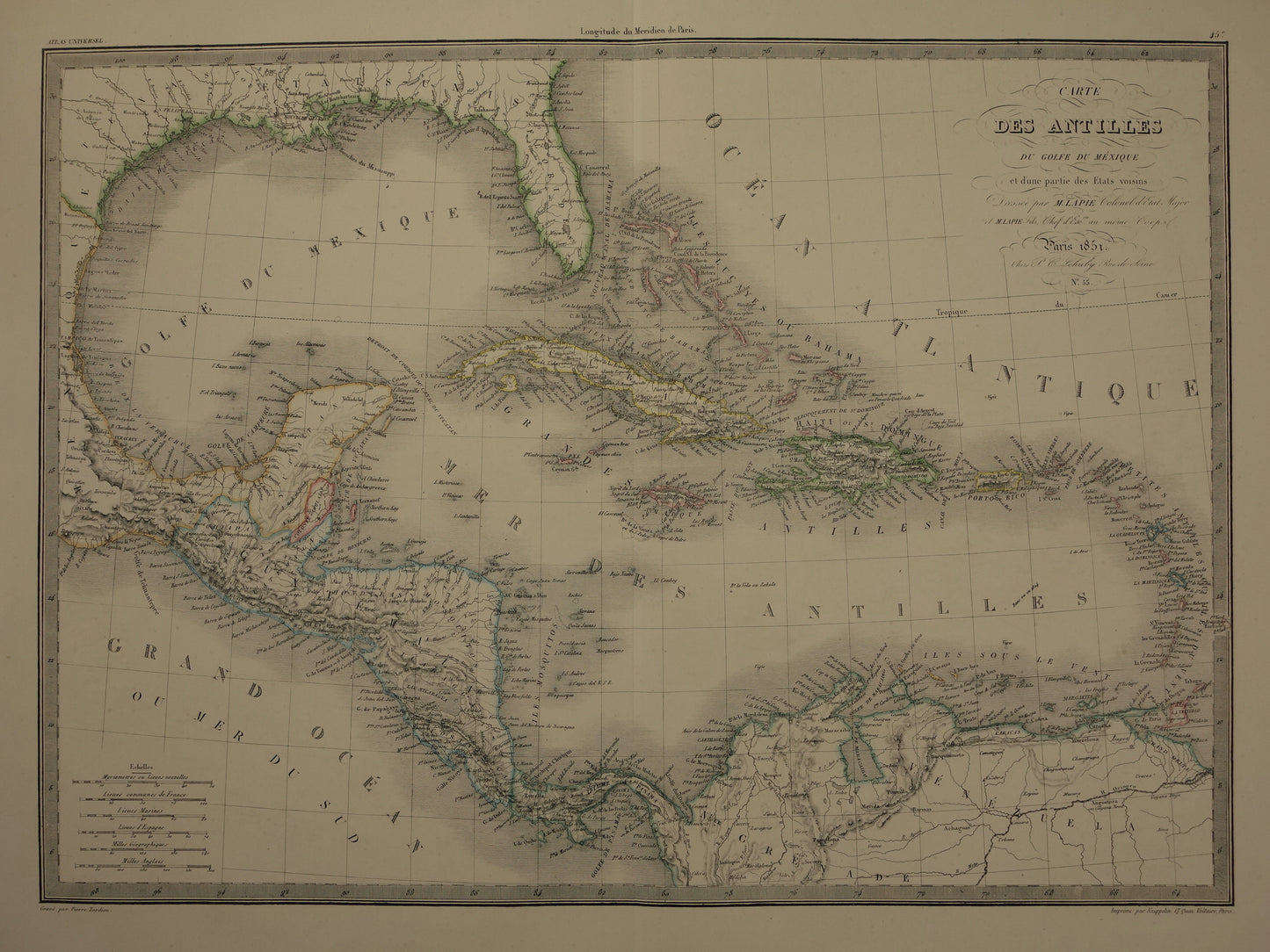 Antieke kaart van ANTILLEN 170+ jaar oude Franse handgekleurde landkaart Curaçao Aruba Cuba Haïti Puerto Rico 1851