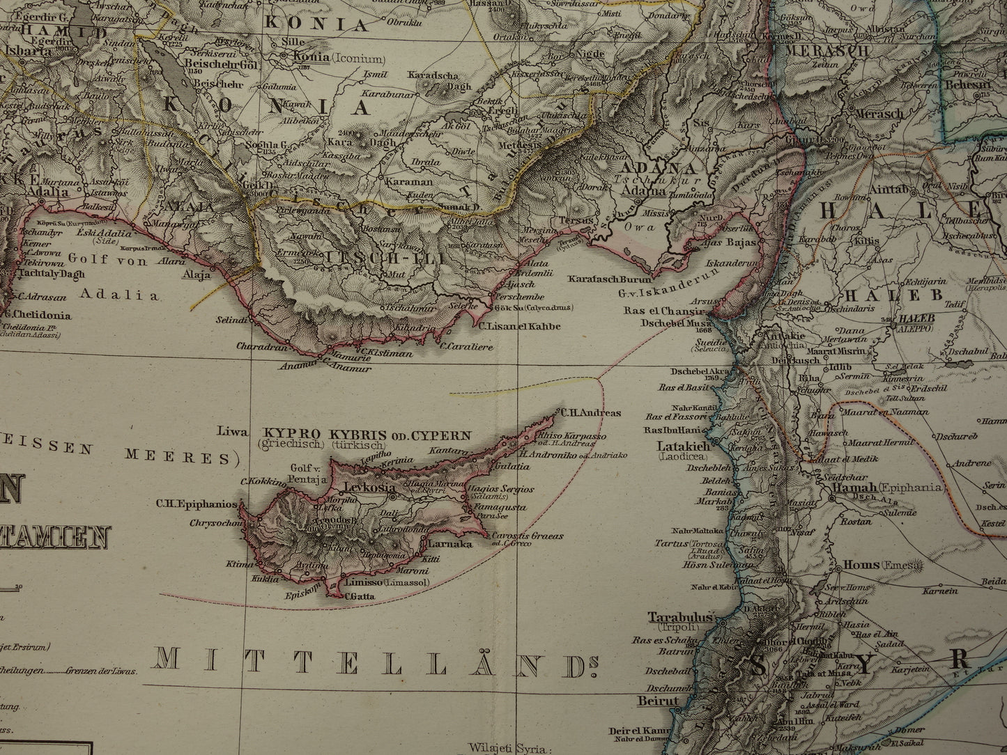 Oude landkaart van Turkije Cyprus Syrië Palestina Libanon 1877 originele antieke Duitse kaart