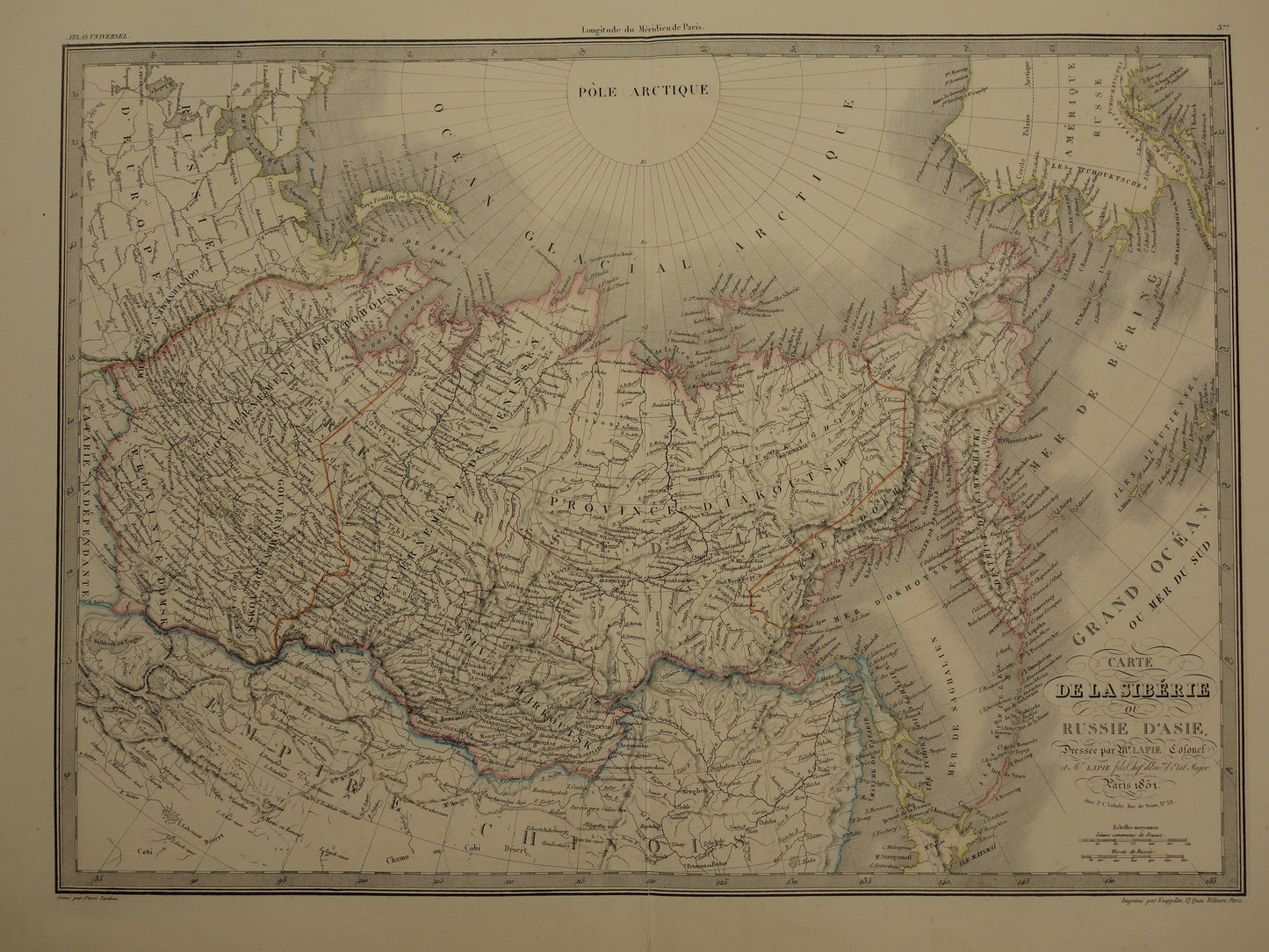AZIATISCH RUSLAND grote oude landkaart van Siberië uit 1851 originele antieke handgekleurde kaart poster van Russische Rijk