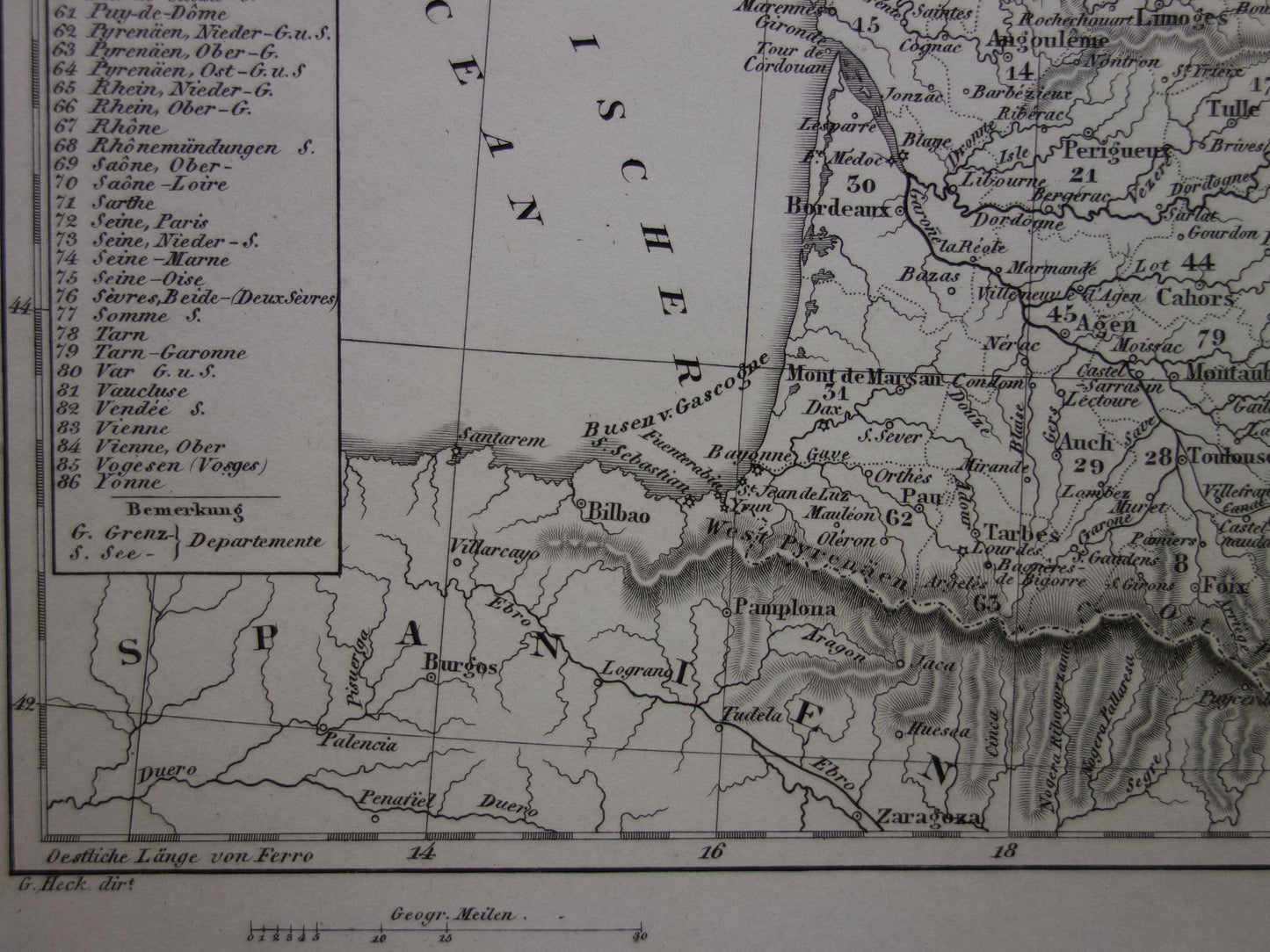 170+ jaar oude landkaart van FRANKRIJK uit 1849 originele antieke kaart zwart/wit