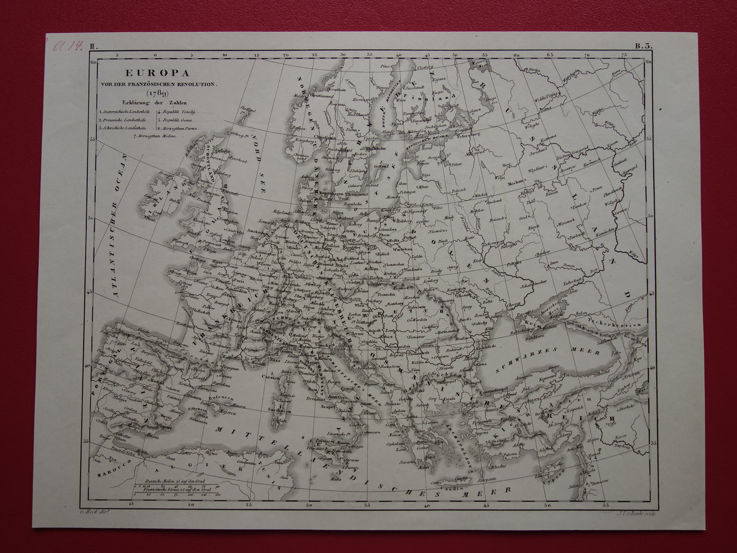 Oude kaart van Europa in 1789 bij start Franse revolutie Originele antieke kaart zwart/wit geschiedeniskaart