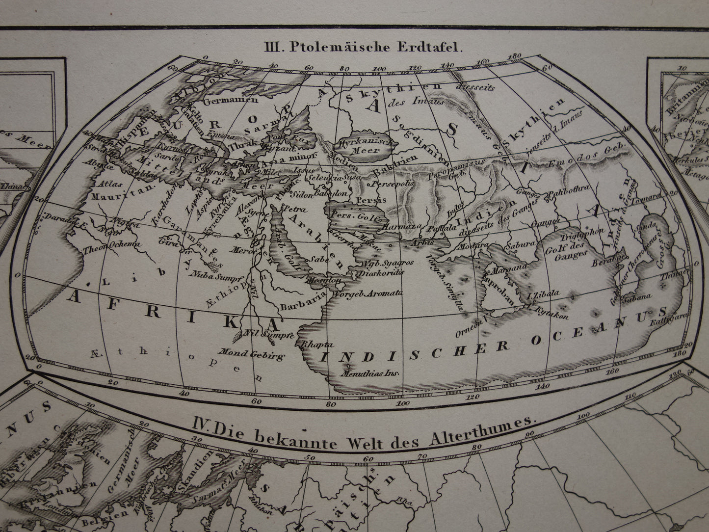 Antieke historische WERELDKAARTEN 1849 oude print met kaart van Strabo Ptolemaeus Herodotus van de wereld in de klassieke oudheid