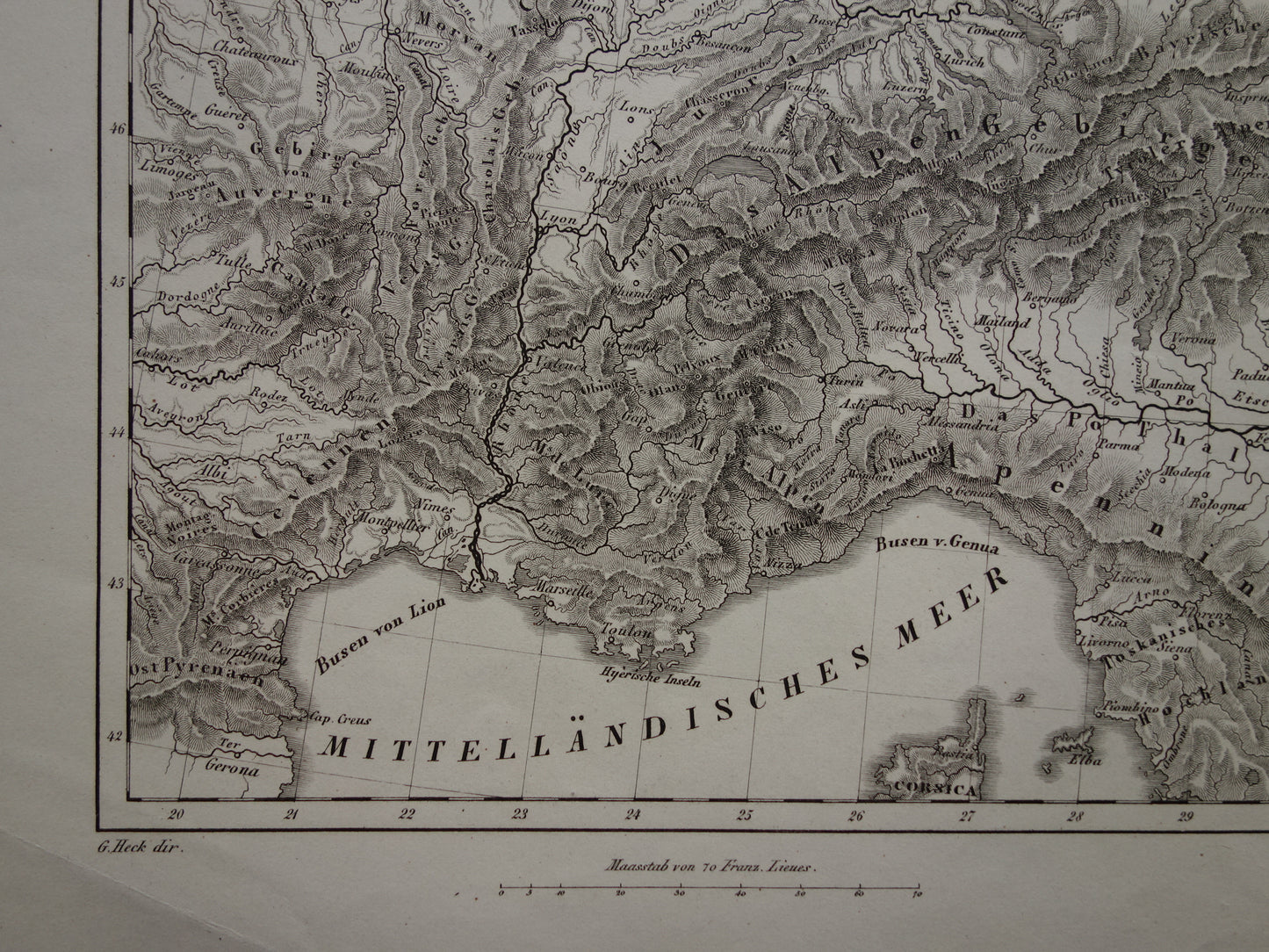 MIDDEN-EUROPA oude landkaart van rivieren en gebergten uit 1849 originele vintage historische kaarten Duitsland Oostenrijk Zwitserland Alpen bergen hoogtekaart