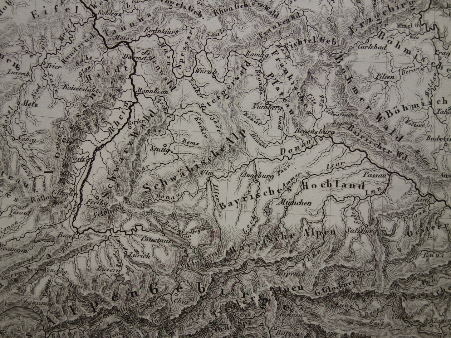 MIDDEN-EUROPA oude landkaart van rivieren en gebergten uit 1849 originele vintage historische kaarten Duitsland Oostenrijk Zwitserland Alpen bergen hoogtekaart