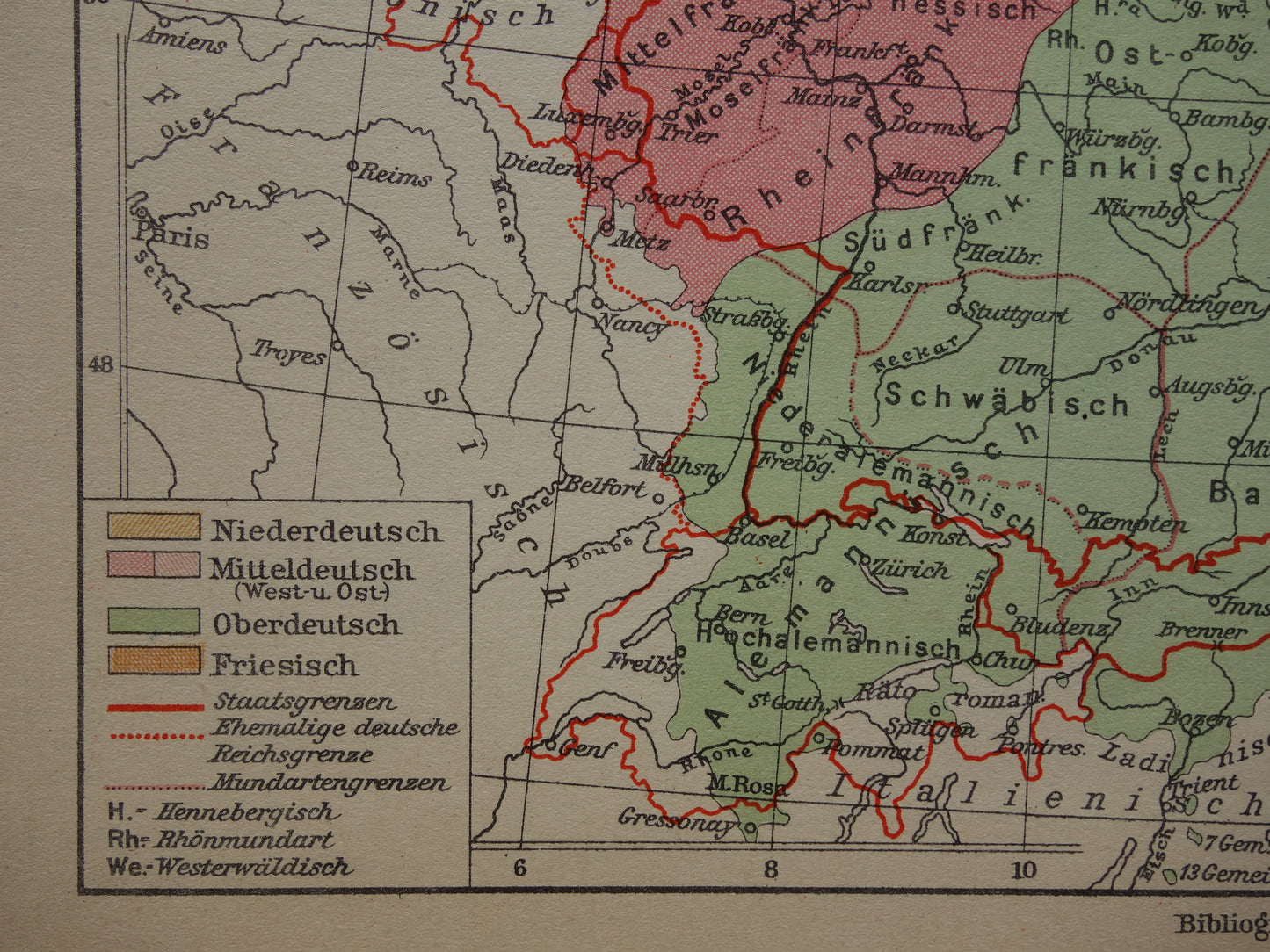 DUITSLAND oude taalkundige kaart van Duitse dialecten - kleine originele vintage landkkaart uit 1931 van het Duitse rijk dialect - taalkaart Hoogduits Nederduits