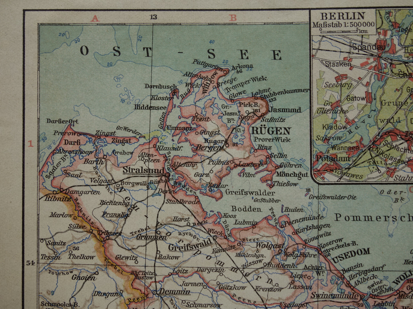 DUITSLAND en POLEN oude landkaart van Stettin Berlijn Szczecin 1928 originele vintage kaart Brandenburg en Pommeren