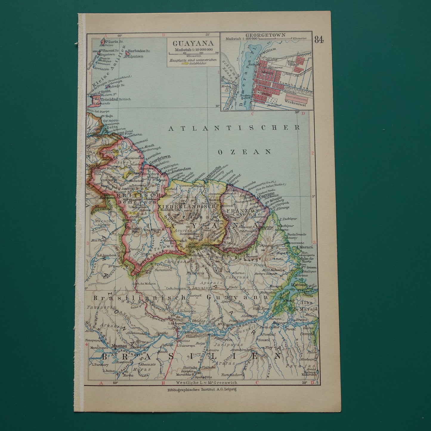 Suriname Guyana oude kaart uit 1928 originele vintage landkaart Frans-Guyana klein formaat kaarten