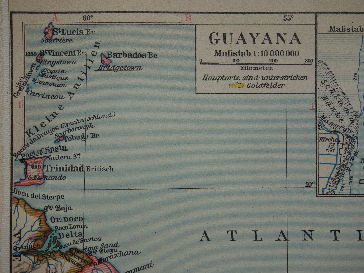 Suriname Guyana oude kaart uit 1931 originele vintage landkaart Frans-Guyana klein formaat kaarten