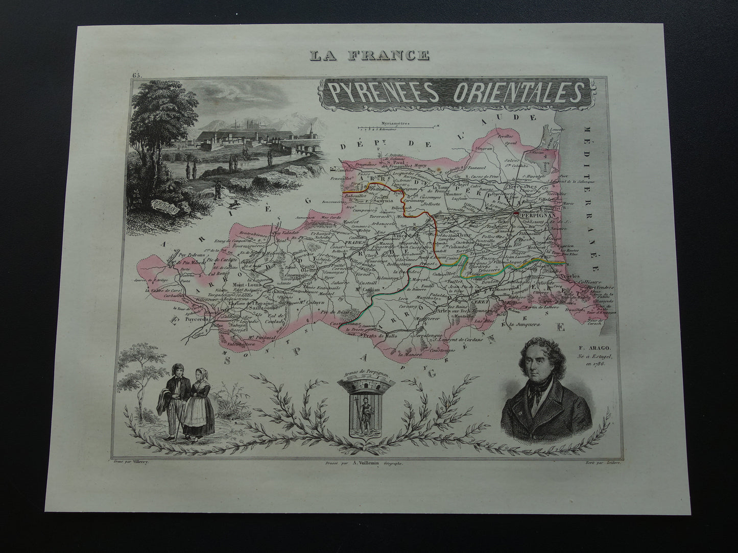 Antieke kaart van Pyrénées-Orientales departement in Frankrijk uit 1851 originele oude handgekleurde landkaart Perpignan