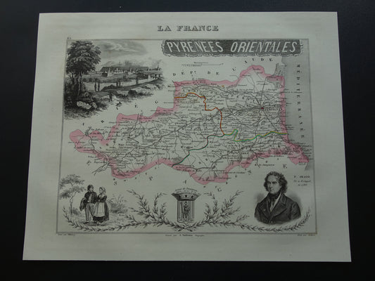 Antieke kaart van Pyrénées-Orientales departement in Frankrijk uit 1851 originele oude handgekleurde landkaart Perpignan