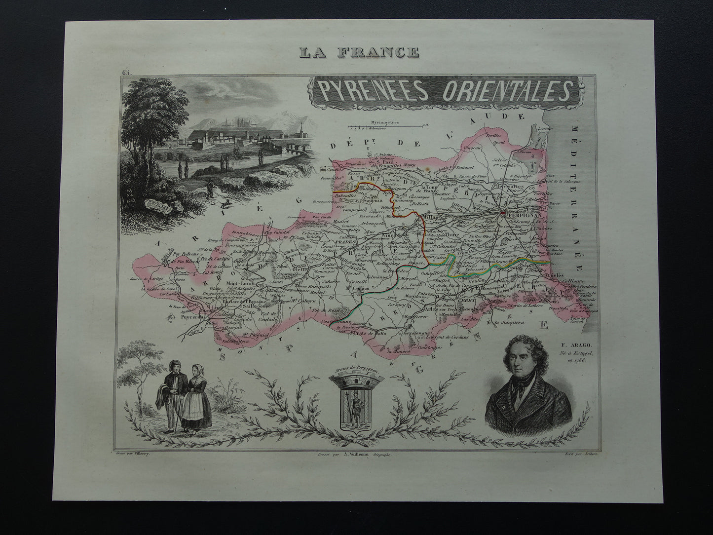 Antieke kaart van Pyrénées-Orientales departement in Frankrijk uit 1851 originele oude handgekleurde landkaart Perpignan