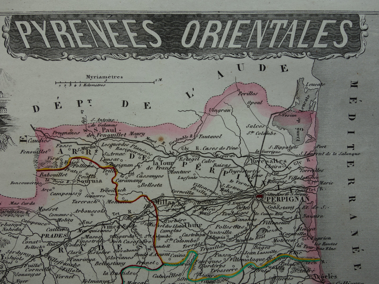 Antieke kaart van Pyrénées-Orientales departement in Frankrijk uit 1851 originele oude handgekleurde landkaart Perpignan