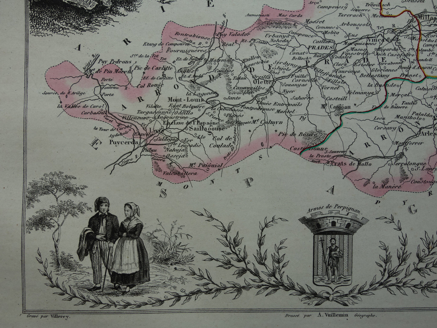 Antieke kaart van Pyrénées-Orientales departement in Frankrijk uit 1851 originele oude handgekleurde landkaart Perpignan