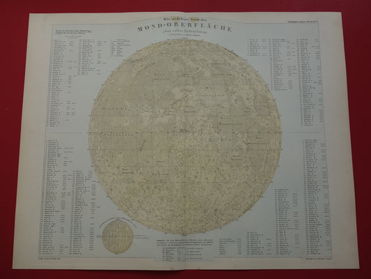 145+ jaar oude kaart van de Maan originele antieke poster zichtbare zijde van de maan met jaartal 1878 maankaart