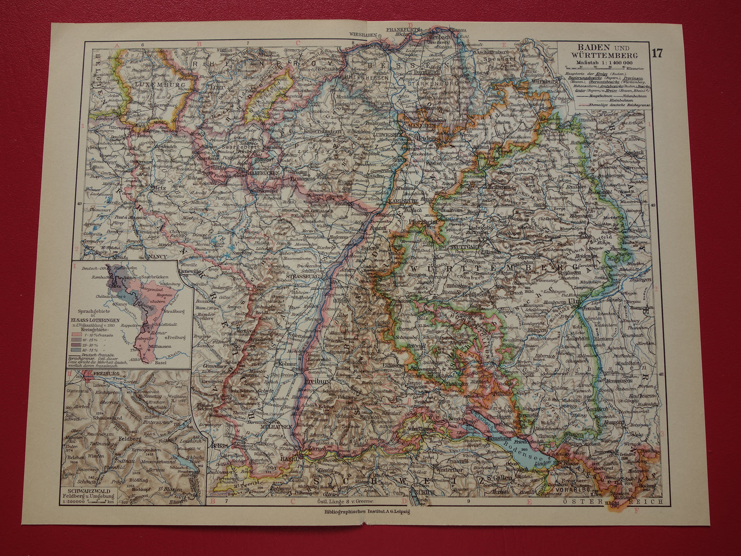 Oude landkaart van Baden-Württemberg uit 1931 originele vintage kaart Stuttgart Elzas-Lotharingen