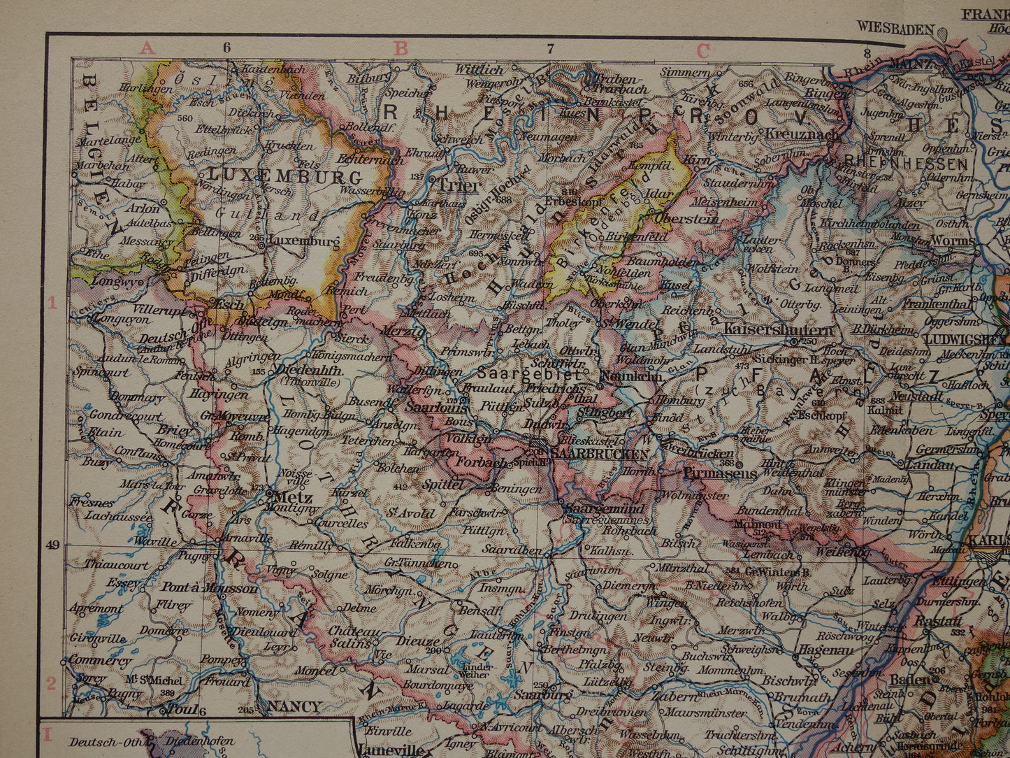 Oude landkaart van Baden-Württemberg Duitsland uit 1931 originele vintage kaart Stuttgart Elzas-Lotharingen