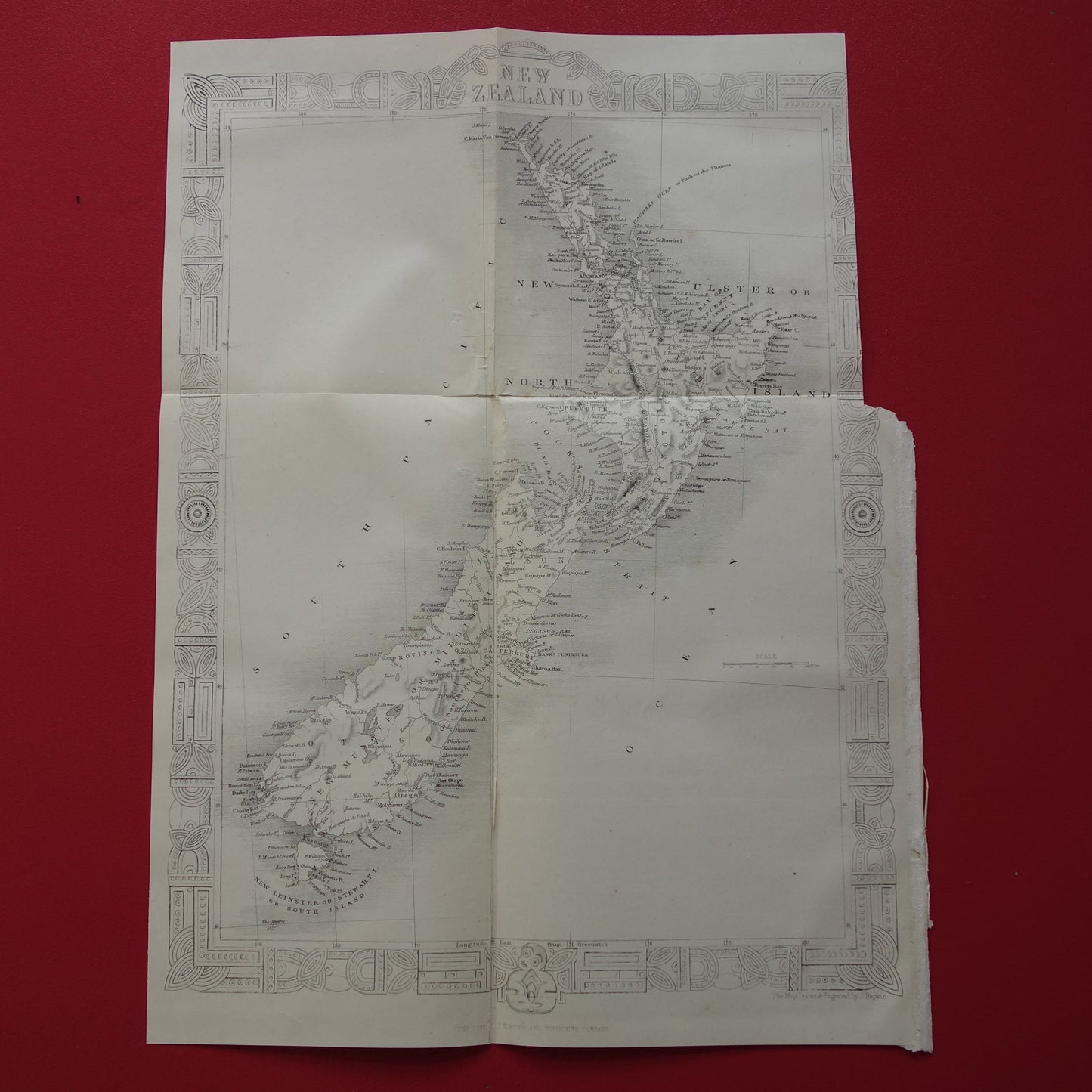 Nieuw-Zeeland oude kaart uit 1860 origineel antieke landkaart New Zealand John Rapkin - Vintage landkaarten