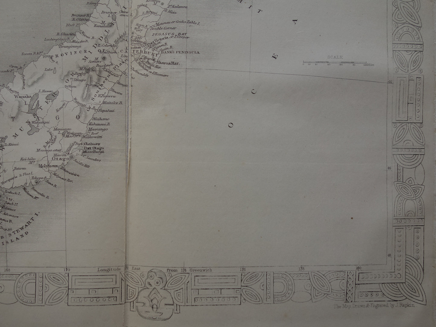 Nieuw-Zeeland oude kaart uit 1860 origineel antieke landkaart New Zealand John Rapkin - Vintage landkaarten
