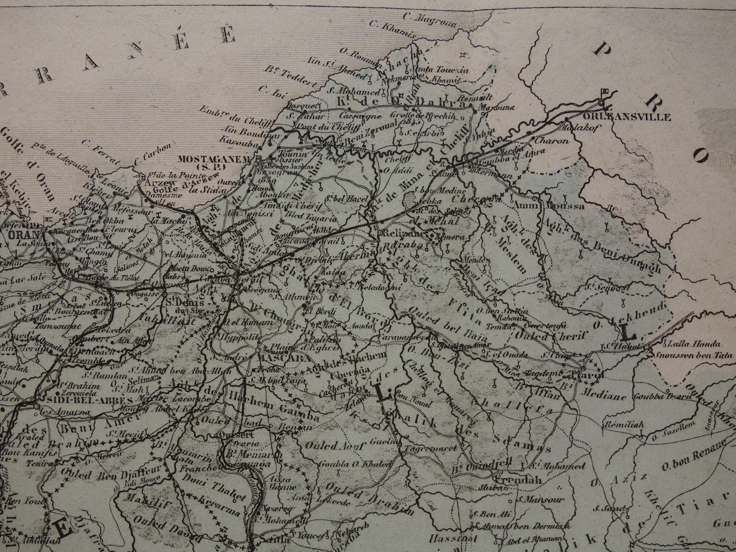 Oude kaart van ORAN provincie Algerije uit 1883 originele antieke handgekleurde landkaart Oran