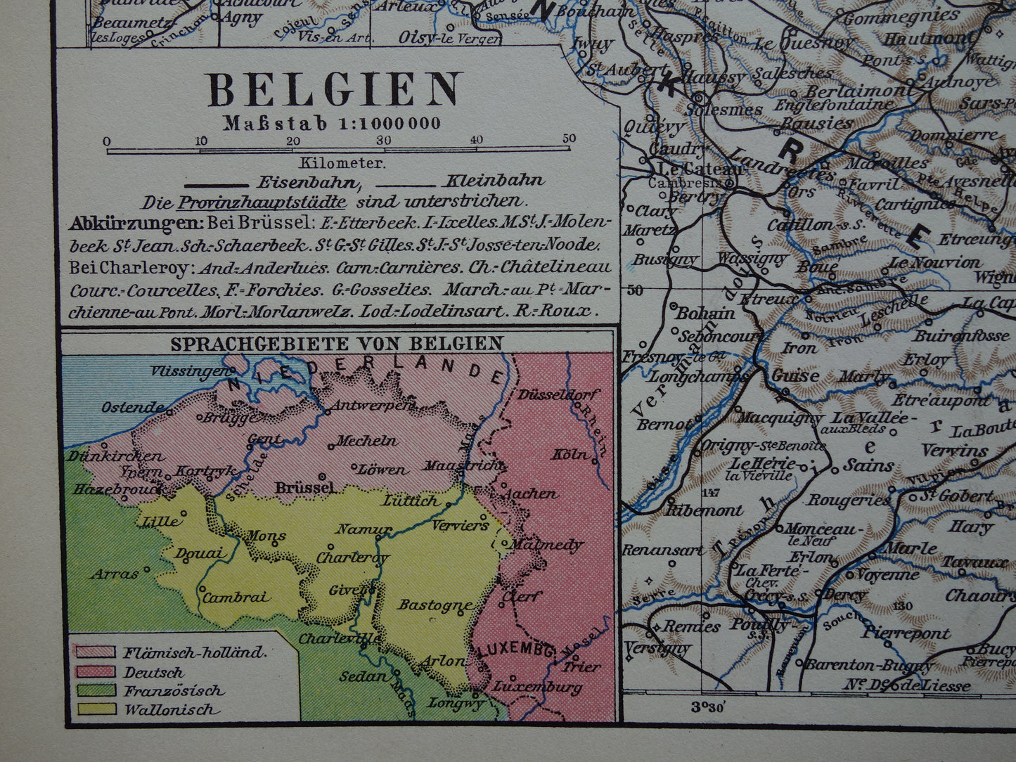Alte Karte von Belgien aus dem Jahr 1928, Originalkarte aus der Zeit um Brüssel und Antwerpen, Sprachgrenzen