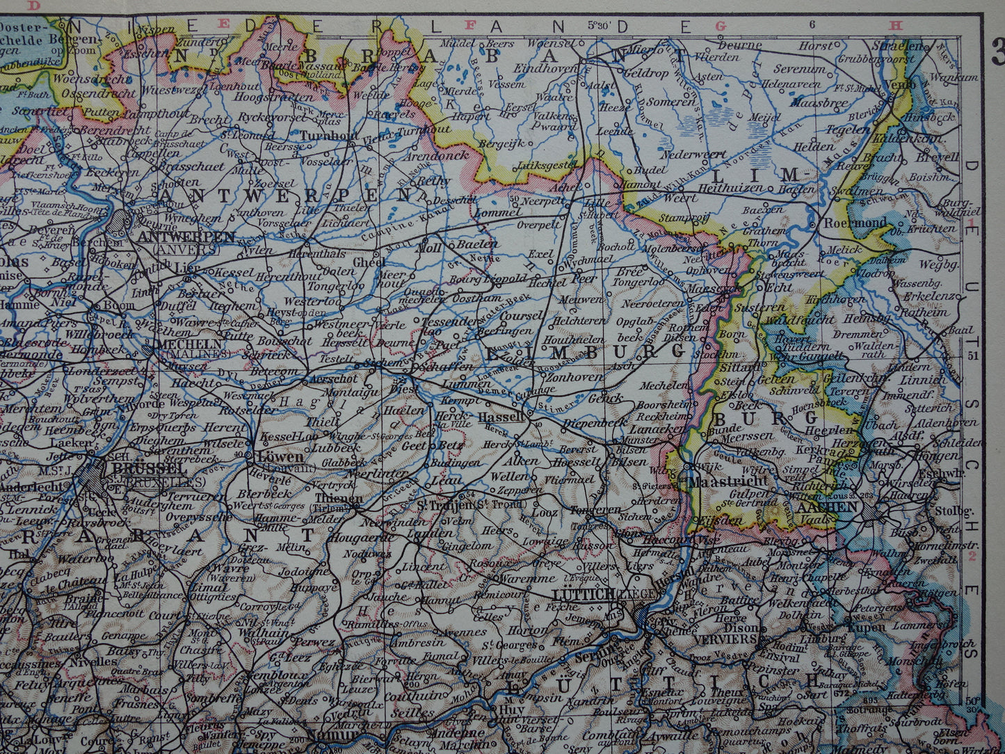 Alte Karte von Belgien aus dem Jahr 1928, Originalkarte aus der Zeit um Brüssel und Antwerpen, Sprachgrenzen