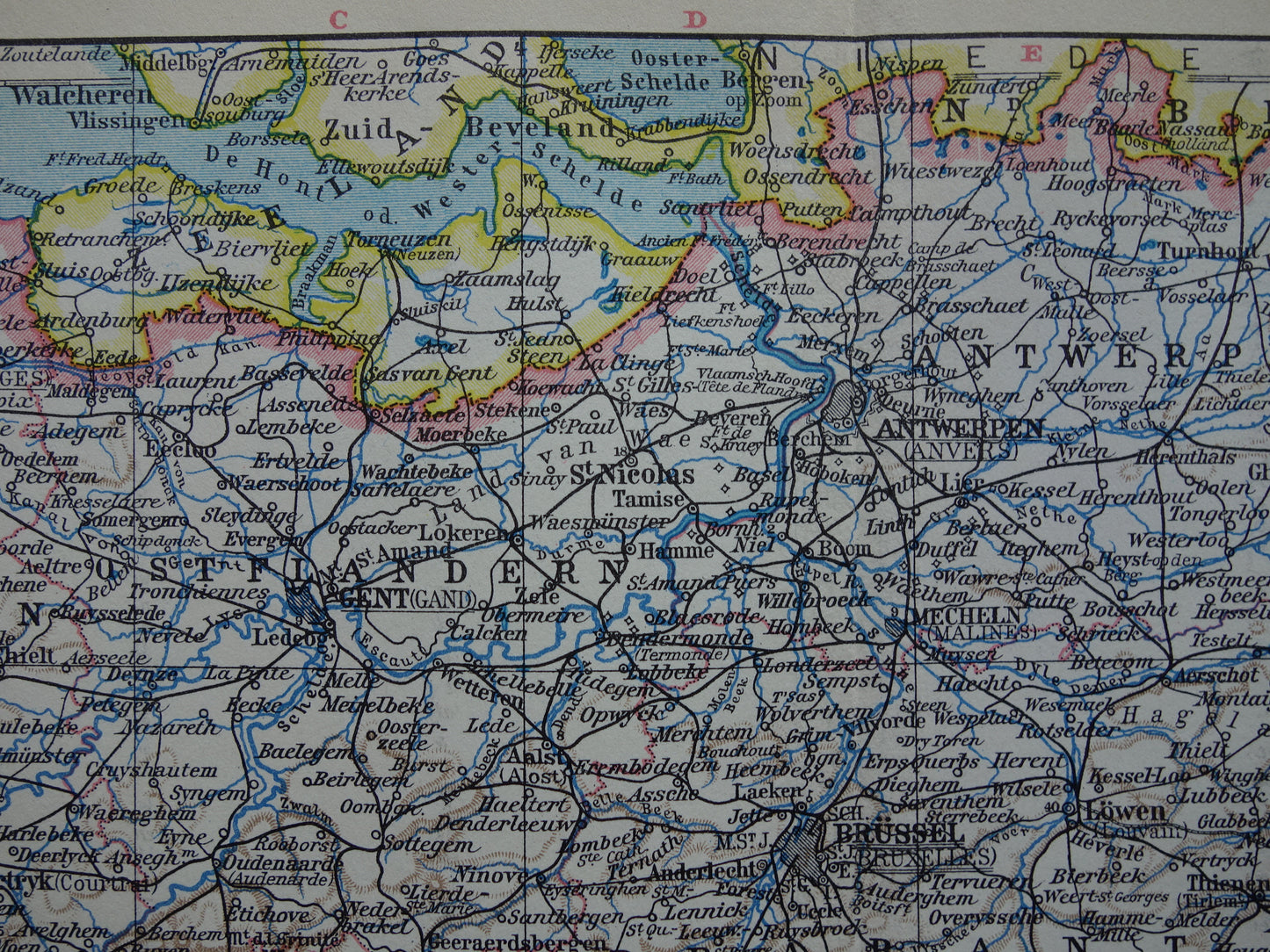 Alte Karte von Belgien aus dem Jahr 1928, Originalkarte aus der Zeit um Brüssel und Antwerpen, Sprachgrenzen
