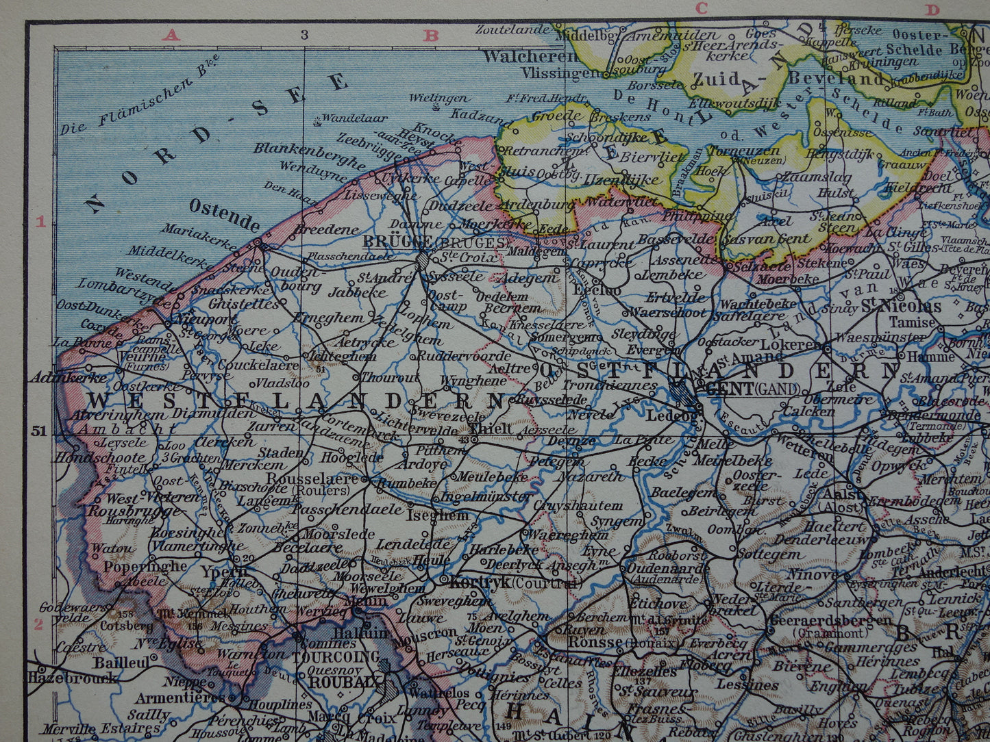 Alte Karte von Belgien aus dem Jahr 1928, Originalkarte aus der Zeit um Brüssel und Antwerpen, Sprachgrenzen