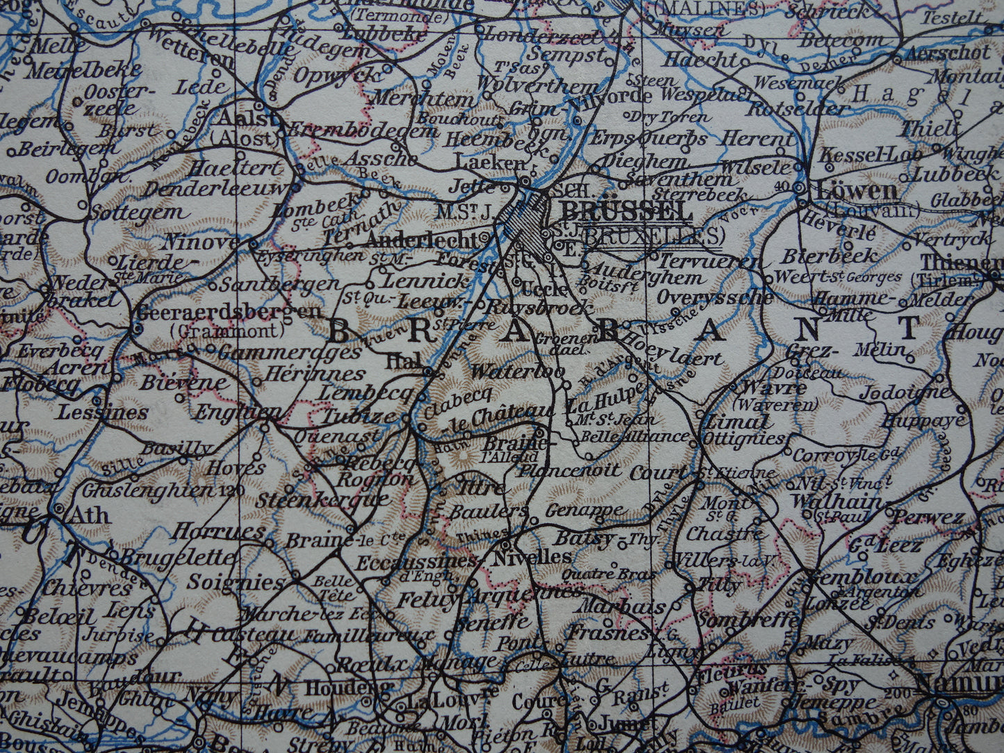 Alte Karte von Belgien aus dem Jahr 1928, Originalkarte aus der Zeit um Brüssel und Antwerpen, Sprachgrenzen
