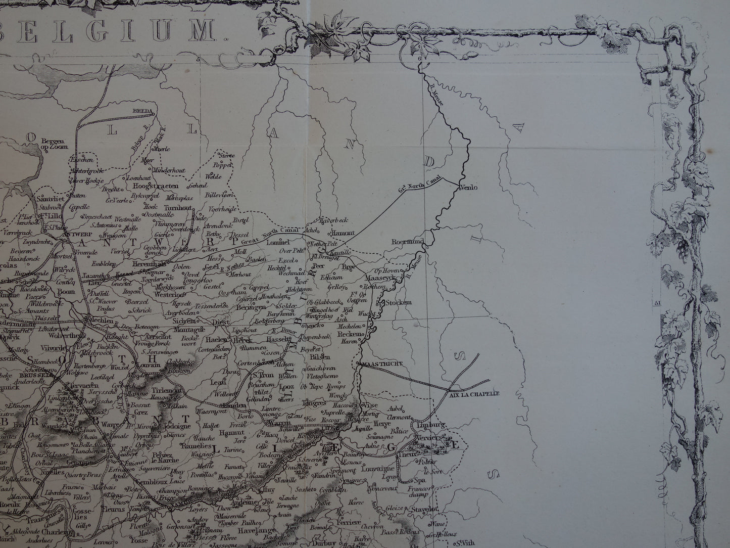 België oude kaart uit 1860 originele antieke landkaart Belgium John Rapkin - Vintage Engelse kaarten België