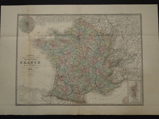 Grote oude kaart van Frankrijk BESCHADIGD 1876 originele antieke oude landkaart Frankrijk