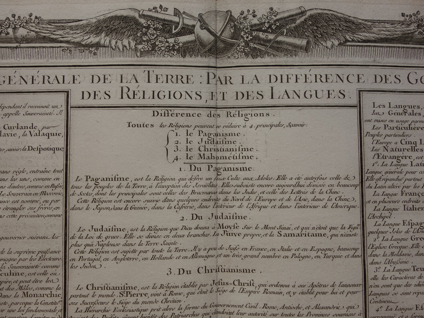 AARDRIJKSKUNDE Set van twee oude Franse prenten over afmeting Aarde Religies Staatsvormen Talen - Originele 260+ jaar oude bij elkaar passende prints