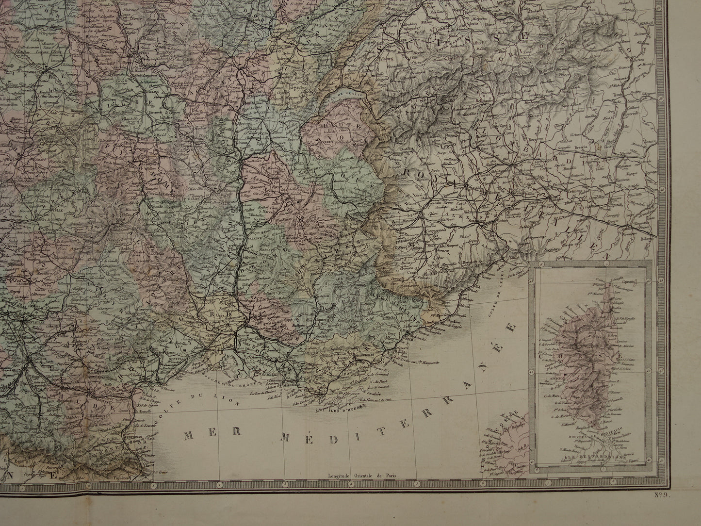 Grote oude kaart van Frankrijk BESCHADIGD 1876 originele antieke oude landkaart Frankrijk