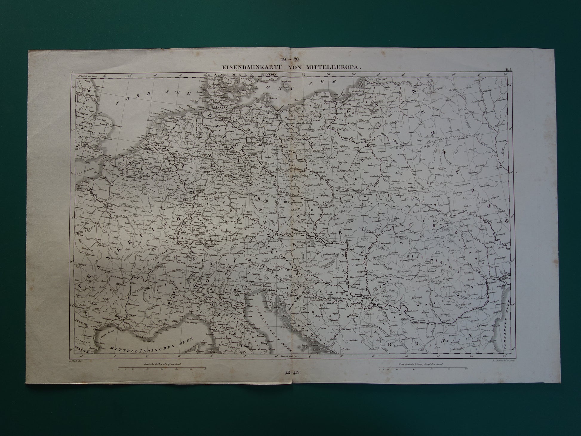 Antieke kaart van Spoorwegen in Nederland Duitsland originele 170+ jaar oude landkaart spoorlijnen centraal Europa spoorkaart