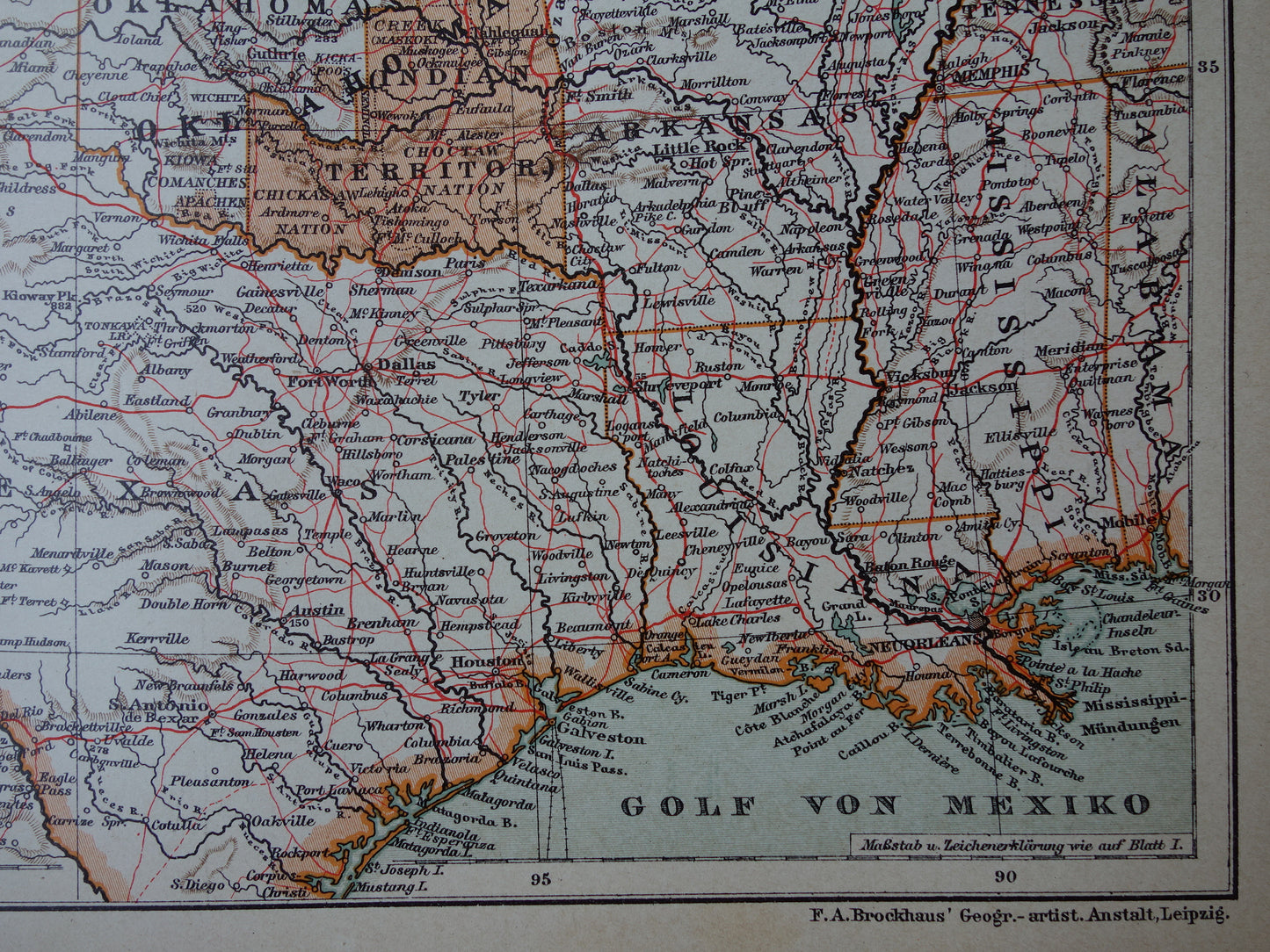 Verenigde Staten antieke kaart uit 1905 van midden VS - originele oude print van Amerika gedetailleerde vintage kaarten Texas Iowa